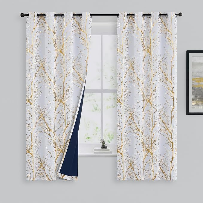FMFUNCTEX 100% Blackout Ivory Gold Foil Tree Curtains 63 Inch Long 2 Panels | - Image 2