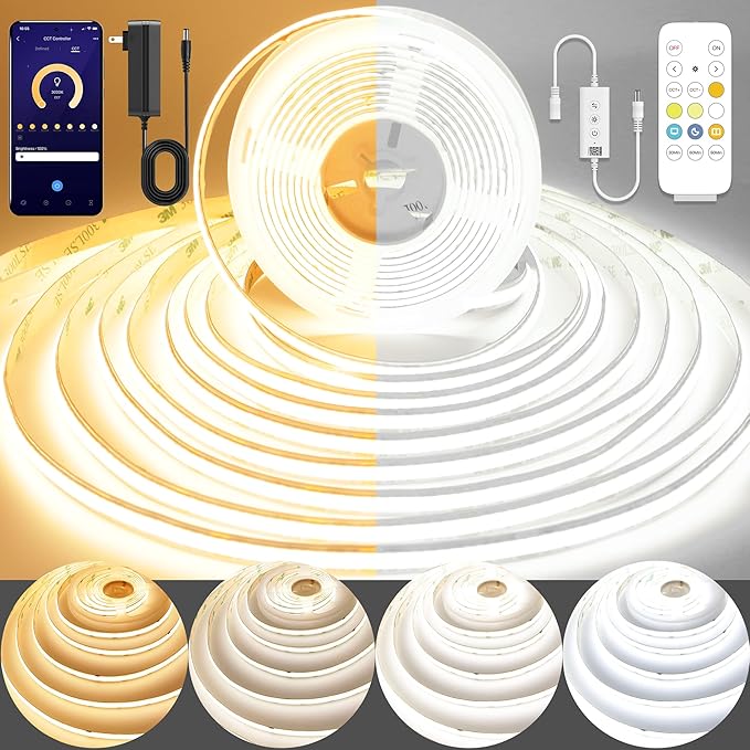 COB LED Strip Light,CCT Dimmable Strips Light,2700K-6500K,65ft/20m,8mm Wide,CRI90+ 24V LED Strips Kit with Bluetooth APP Control/Music Mode,for Bedroom,Kitchen,DIY Lighting