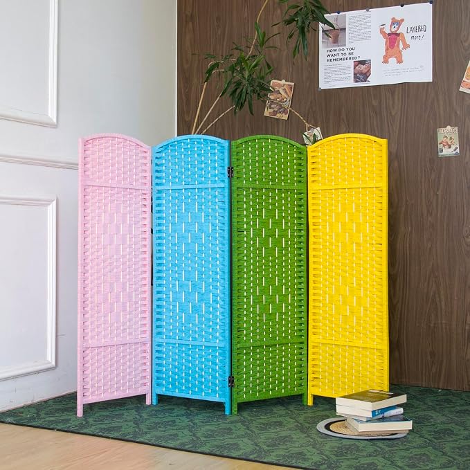 4-Panel Short Room Divider, 3.9 ft Freestanding Partition Wall, Colorful Rattan - Image 3