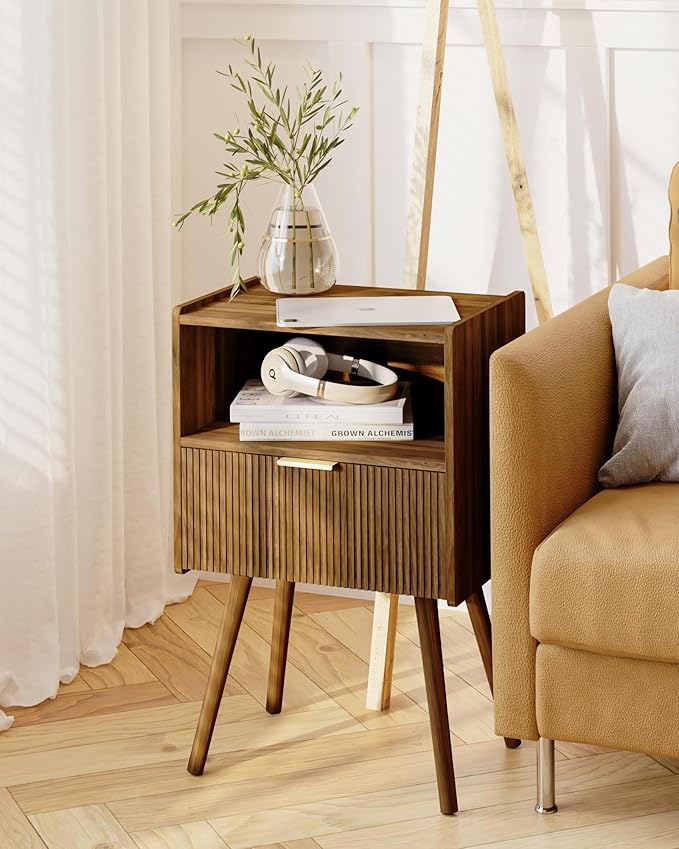 Nightstand,Modern Bedside Table with Storage Drawer and Open Wood Shelf, for Living Room, Bedroom and Small Spaces, Accent Night Stand with Solid Wood Legs, Easy Assembly,Walnut Brown