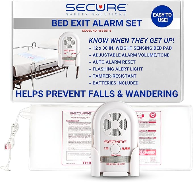 Secure Bed Exit Alarm for Elderly Adults Fall Prevention - 80-120 dB Monitor,12x30 Weight Sensing Pressure Pad - Caregiver Alert System for Seniors, Dementia Patients to Know When They Get Up