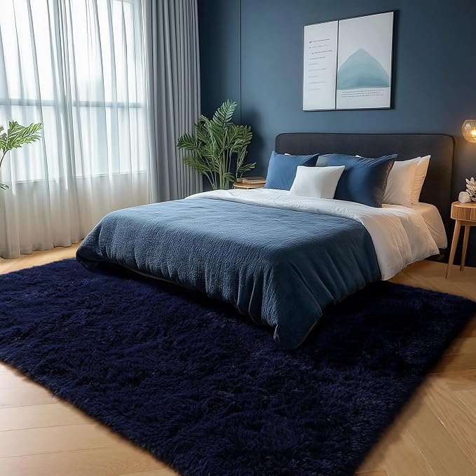 Navy Blue Rug 3x5, Fluffy Dark Blue Rugs - Image 3