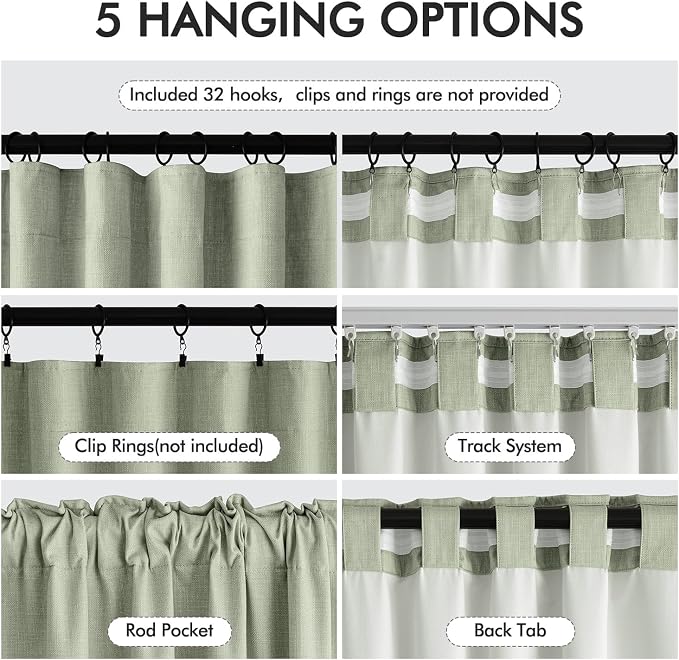 MIULEE 100% Blackout Back Tab Pleat Linen Curtains 50" Wx120 L, Sage Green | 2 - Image 6