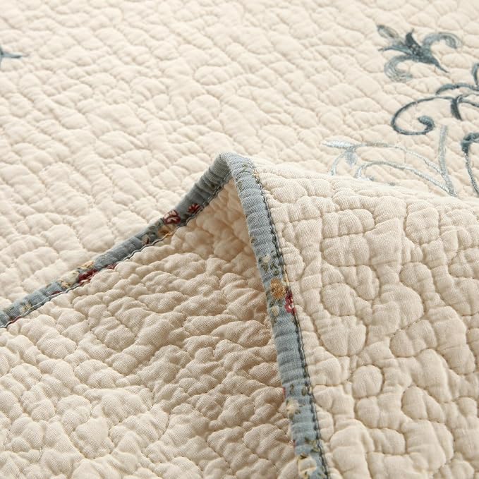 ROOMLIFE Quilt Set King Size 3D Floral Embroidery Pattern 3-Piece Cotton | - Image 9