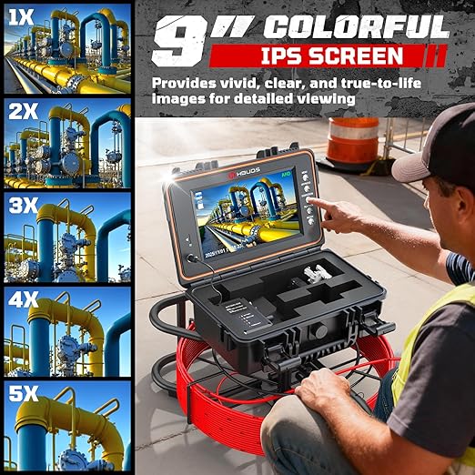 HBUDS Sewer Camera, Self Leveling Drain Camera 165ft with Meter Counter, 7mm Thick Cable, 9" HD Screen 1080P Plumbing Cameras Snake with Light, 5100mAh Battery Duct Pipe Video Inspection Cam DVR 32GB