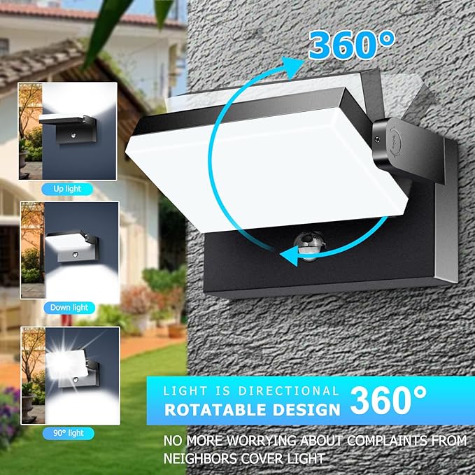 WISELUME 60W LED Outdoor Wall Light – 360° Rotatable, Motion Sensor & Color Temp Adjustable (3000K/4000K/6500K) Commercial Security Wall Mount for Barn, Proch,Garage & Yard