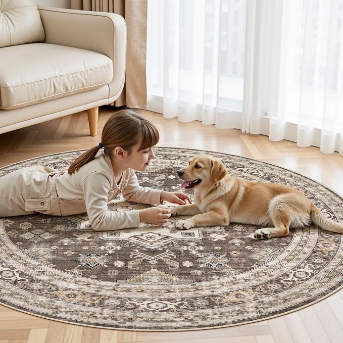 cotiled 5ft Round Living Room Area Rug, Traditional, Dark Brown | Soft - Image 6