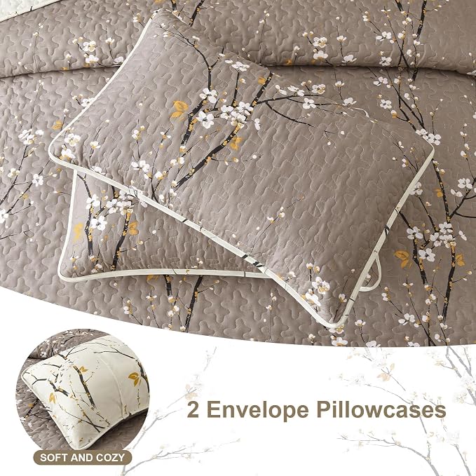 DJY Quilt Set King Size, Branch Botanical Bedspread Coverlet, Tan &Cream | - Image 6