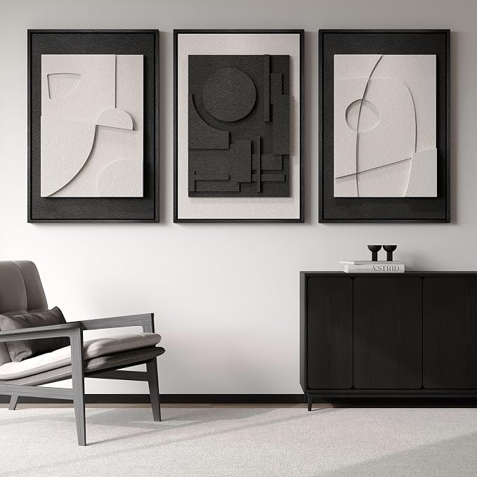 Large 3D Textured Framed Black and White Abstract Wall Art, 3 Piece Modern Wall - Image 8