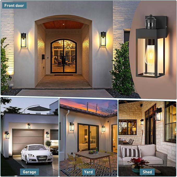 LWSOY Motion Sensor Outdoor Wall Lanterns 2 Packs, Upgrade Dusk to Dawn Exterior Light Fixture, 3 Lighting Modes, Waterproof Front Porch Lights for Garage Patio Garden House Entryway, Black.