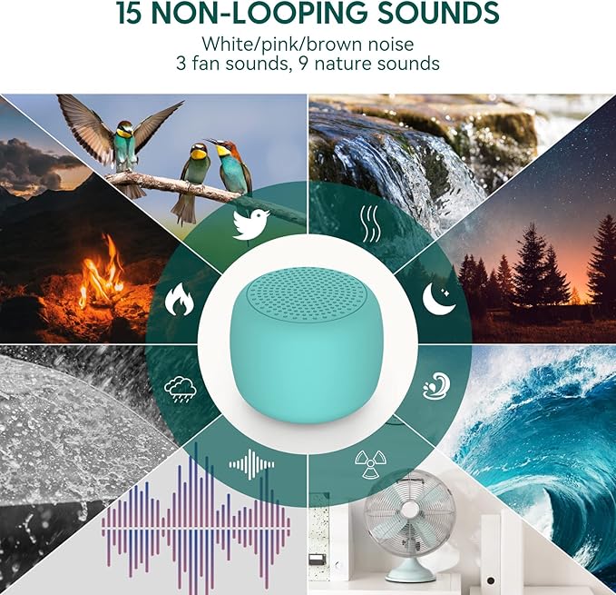 Babelio White Noise Sound Machine for Adults Kids Baby, Mini, 15 Non-looping Sounds, Timer, Memory Function, Easy to Pocket and Travel Cyan