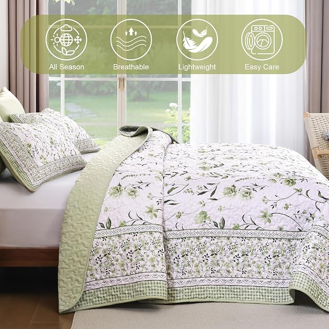 WONGS BEDDING Floral Quilts Set Queen, Sage Green Bedspread Coverlet Set | - Image 5