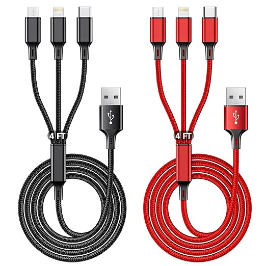 Multi Charging Cable, 4ft 2Pack Multi Phone Charger Cable Braided Universal 3 in 1 Charging Cord Extra Long Multiple USB Cable with USB C, Micro USB Port Connectors for Cell Phones and More（Red+Black)