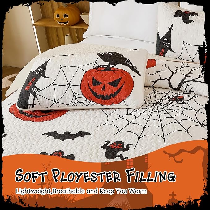 WONGS BEDDING Halloween King Quilt Set, Ghost Pumpkin Bedspread, Breathable - Image 4