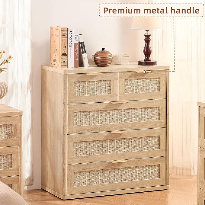 LEYAOYAO Rattan Dresser for Bedroom, 33.5" Small Chest of Drawers | Gold Metal - Image 7