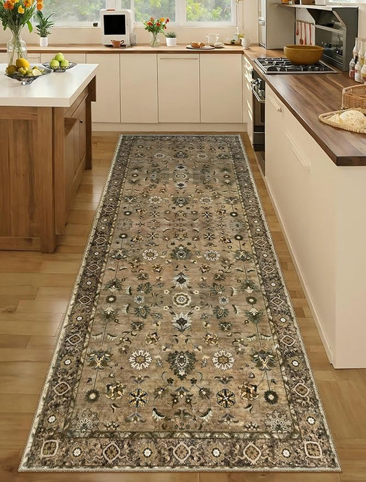 2x10 Hallway Runner Rug, Washable Non-Slip Vintage Floral Boho Runner Rug for Hallway Entryway Indoor, Brown Print Carpet,Soft Low Pile Long for Kitchen Bedroom