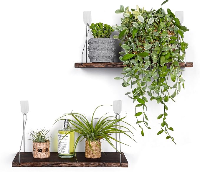 Floating Wall Shelves, Rustic Wood Wall Mounted Shelf Set of 2 | No Drill - Image 9