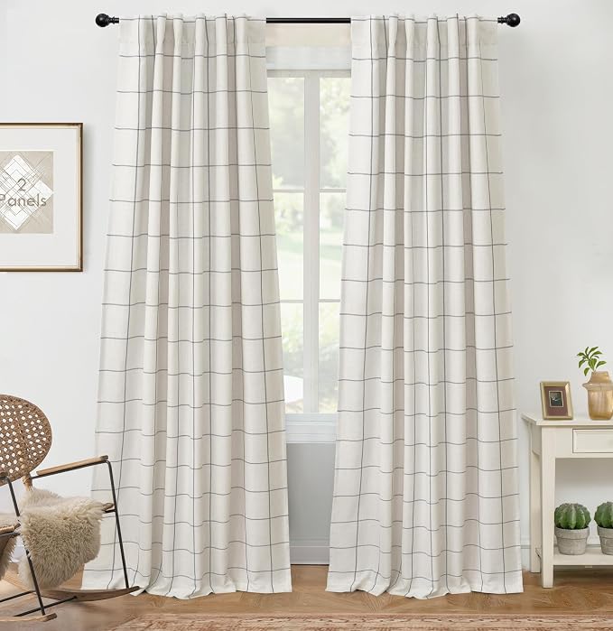 DriftAway 100% Blackout Plaid Linen Curtains 90 Inches Long 2 Panels Gray | by DriftAway