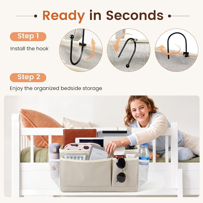 Bedside Caddy for Dorm Bed, Bedside Storage Bag Hanging Organizer | Metal Frame - Image 5