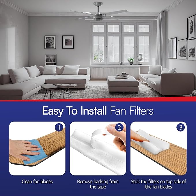 BioStrike Ceiling Fan Blade Air Filter - Dust & Allergen Catcher - Easy-Attach - Blade Filters for Any Fan Size - Reduce Airborne Particles - Made in USA (6 Packs w/ 2 filters each)