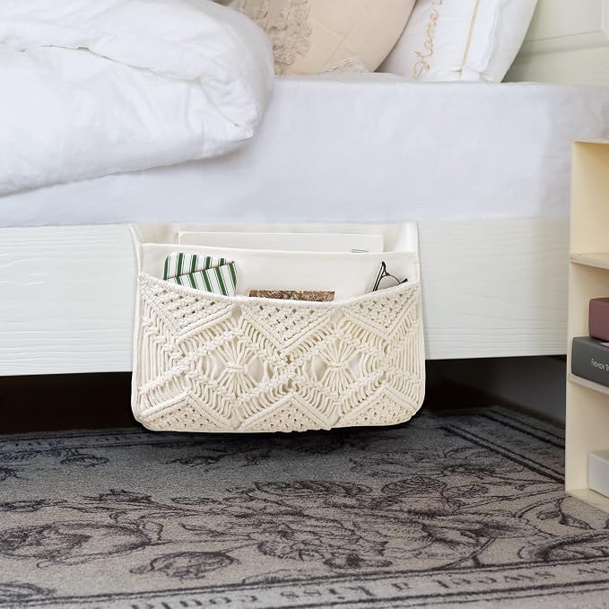 Mkono Macrame Bedside Caddy, Boho Bed Storage Organizer, 4 Pockets Ivory | Dorm - Image 2
