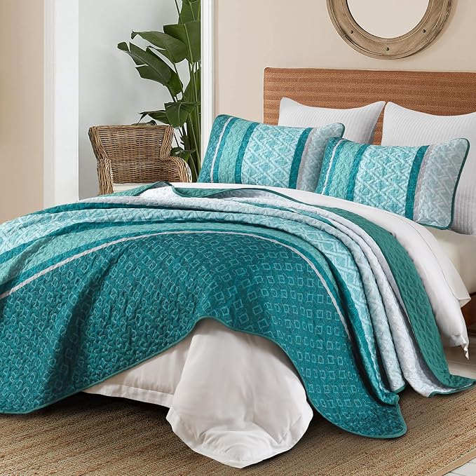 Dinjoy Boho Quilt Set, Turquoise Bedspread Queen Size, Striped Plaid Spring - Image 5
