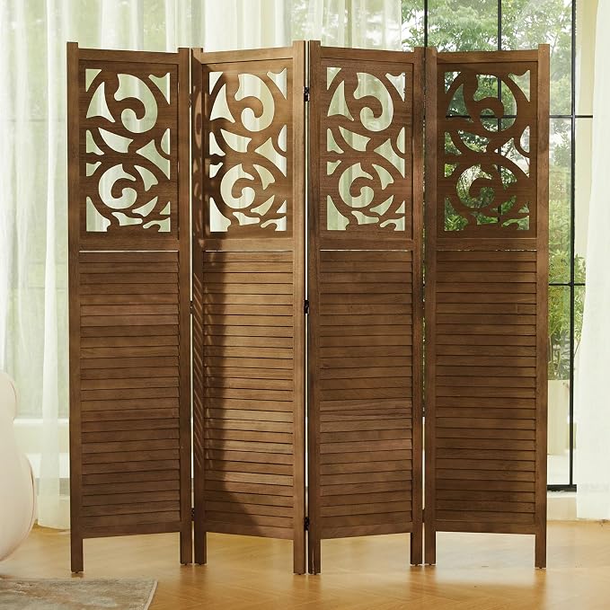 Svimi Folding Room Divider, 5.6Ft 4 Panels Wood Carved Privacy Screens - Image 9