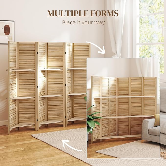 HOMCOM Room Divider with Shelves, 6 Panel, Natural Wood | Wood Privacy Screen - Image 6