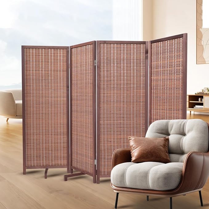 Bamboo Room Divider 4 Panel 47" H, 360°Rotating Feet Privacy Screen, Portable by JVVMNJLK
