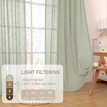 LAMIT Sage Grey Semi Sheer Linen Curtains 45 Inches Long 2 Panels, Light Filtering Panels Back Tab and Rod Pocket Neutral Drapes for Kitchen/Window/Bedroom, 52 x 45 Inch