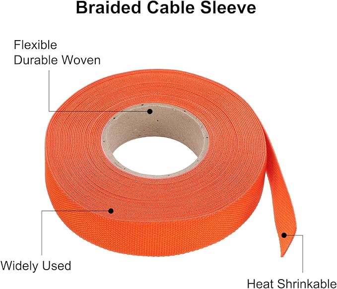 MECCANIXITY Braided Cable Sleeves Heat Shrinkable Fabric Sleeving, 5/8" 40ft Orange 2:1 Ratio Heat Shrinkable Cord Protector for Harness Cable, Network Cable Protection, Cable Management