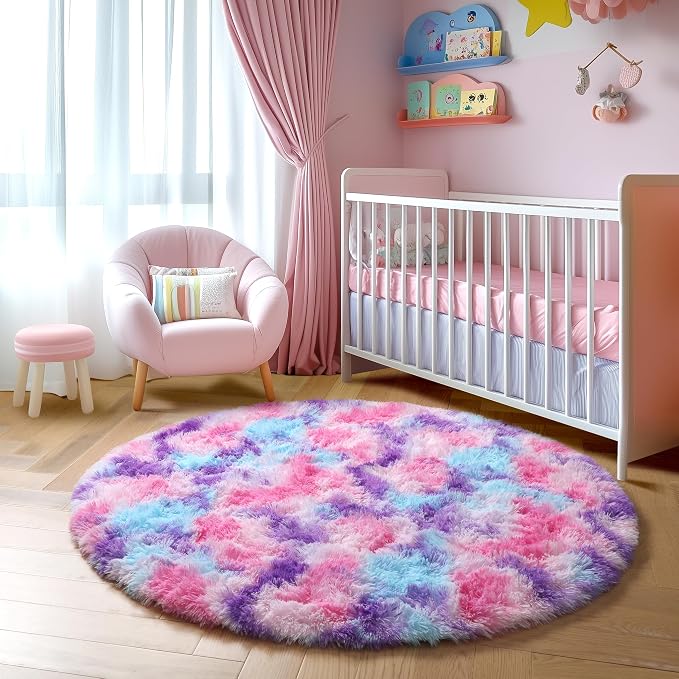 Amdrebio Pink Blue Purple Small Round Circle Rug 3Ft - Image 7