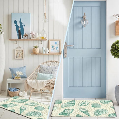 Kitchen Mats for Floor Cushioned Anti Fatigue Sets of 2 Beach Theme Kitchen Rugs Non Slip Waterproof Coastal Foam Kitchen Floor Rug Nautical Coral Seashell Comfort Standing Mat For Sink Laundry, Green