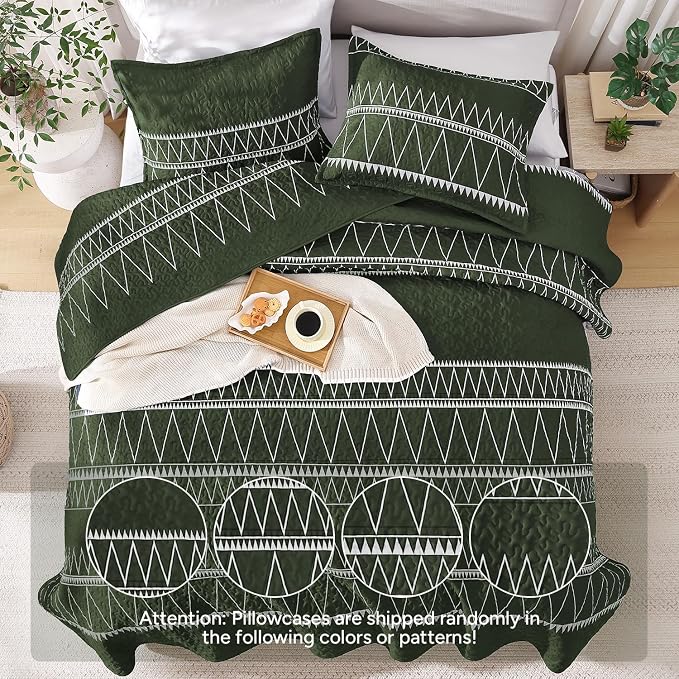 Green King Size Quilt Set, 3 Pieces Boho Striped Bedspread | Soft Lightweight - Image 3