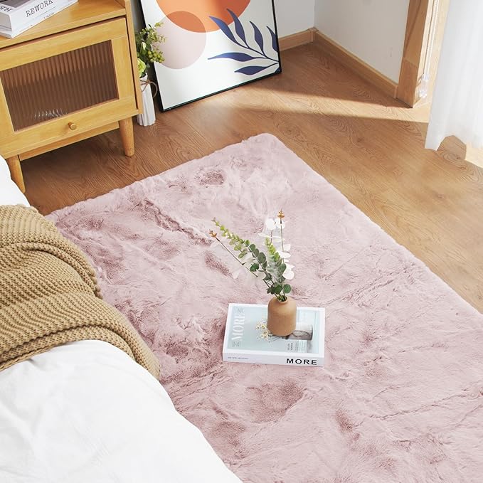 Latepis Light Pink Fluffy Rug 5x7 Washable Non-Slip Faux Rabbit Fur Fuzzy Shag Soft Rug for Living Room, Bedroom, Kids Room, Nursery and Dorm