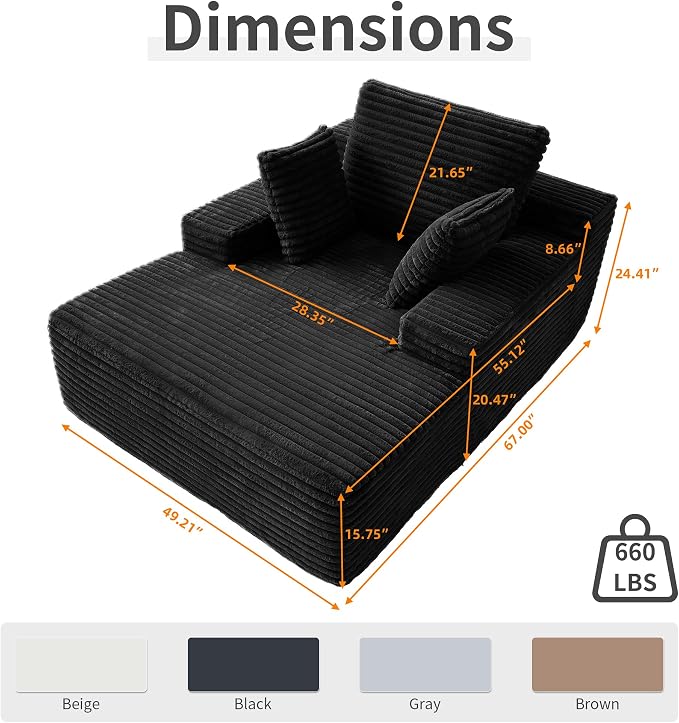Oversized Chaise Lounge Chair Indoor, Plush Corduroy Boneless Sofa Bed - Image 2