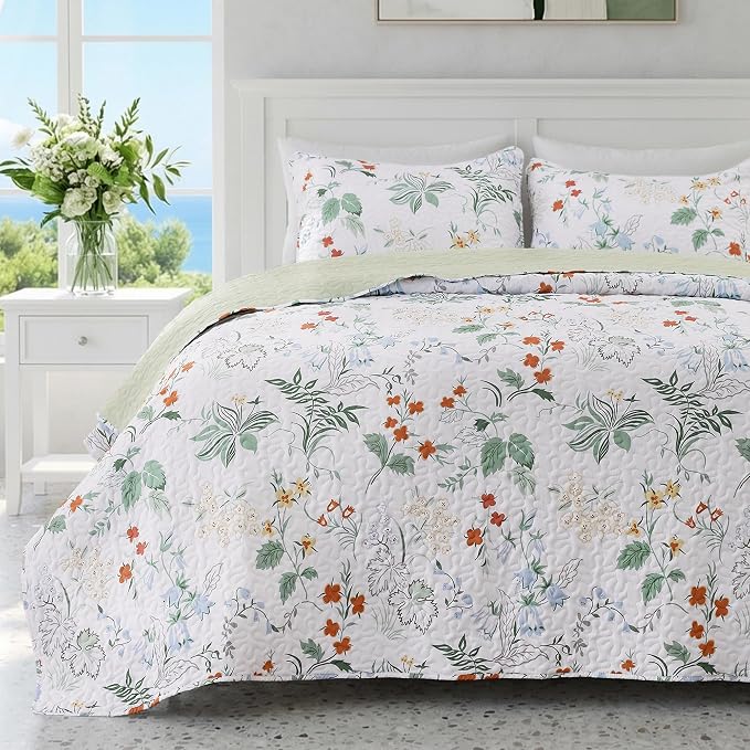 EXQ Home Printed Quilt Set Full Queen Size Green Leaves Bedspread Set | Bedding by EXQHomeTexitleCoLtd