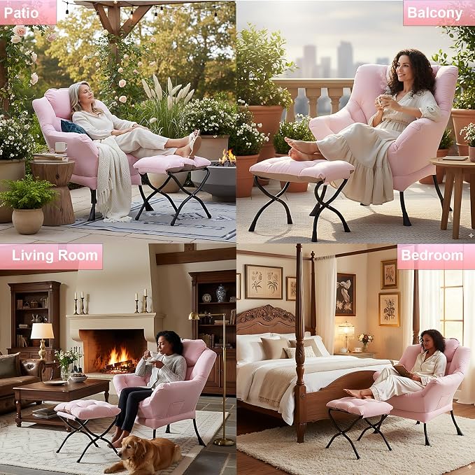 Lazy Chair with Ottoman, Comfy Accent Reading Chair, Removable Cover, with - Image 6