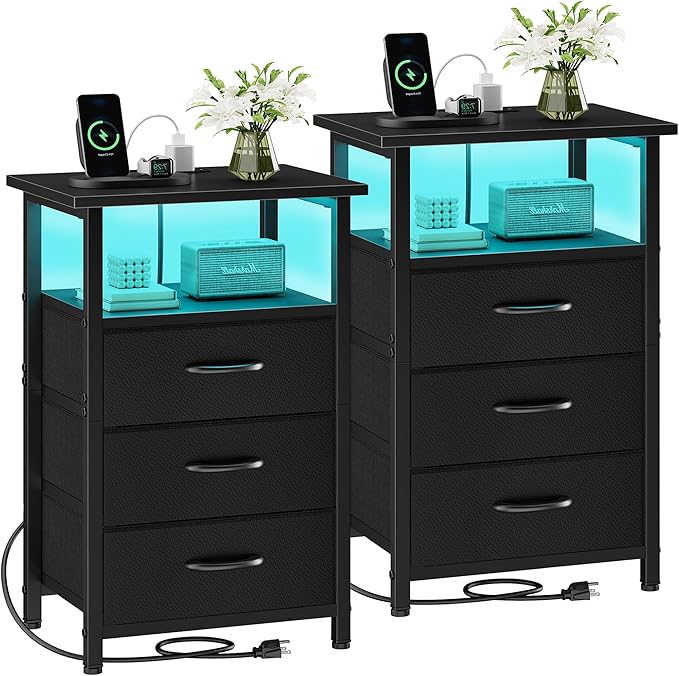 Night Stand Set 2 with Charging Station, LED Nightstand by Vagusicc