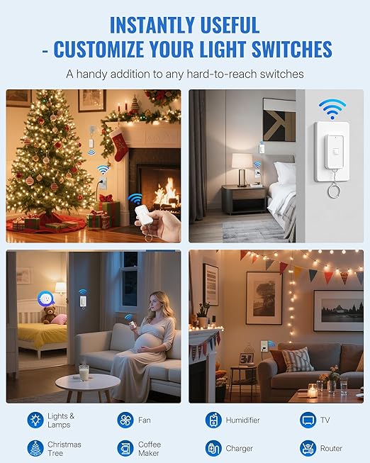 WILAWELS Remote Control Outlet Wireless Wall Switch, Wireless On Off Remote Switch Outlet with Magnetic Base for Light, Lamp, 100ft RF Range, 10A/1250W, Two Switches for One 0utlet W14RC2106
