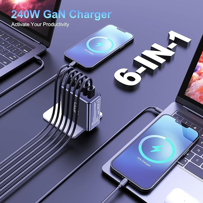 Graaci 240W USB C Charger, 140W Laptop Fast Charger, PD3.1 PPS 6-Port USB Type C Wall Charger, Advanced GaN Power Adapter, for MacBook Pro 16'', iPhone 16 Series, iPad Pro, Galaxy, Pixel, and More
