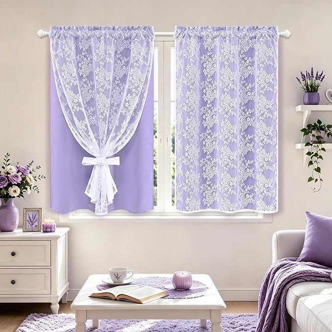 Yinhua Purple Kitchen Curtains 36 Inch Length Double Layer Blackout Curtains - Image 2