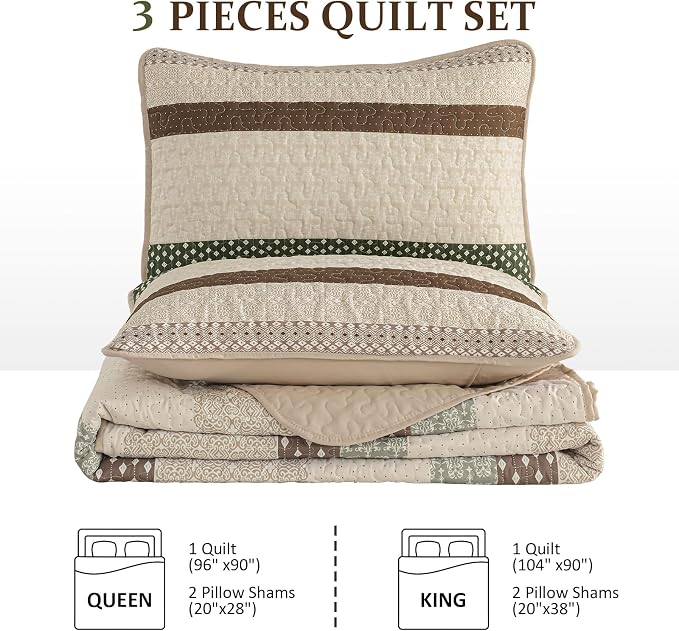 WONGS BEDDING Khaki Quilt Queen Size, Soft Stripe Bedspreads | Reversible - Image 8