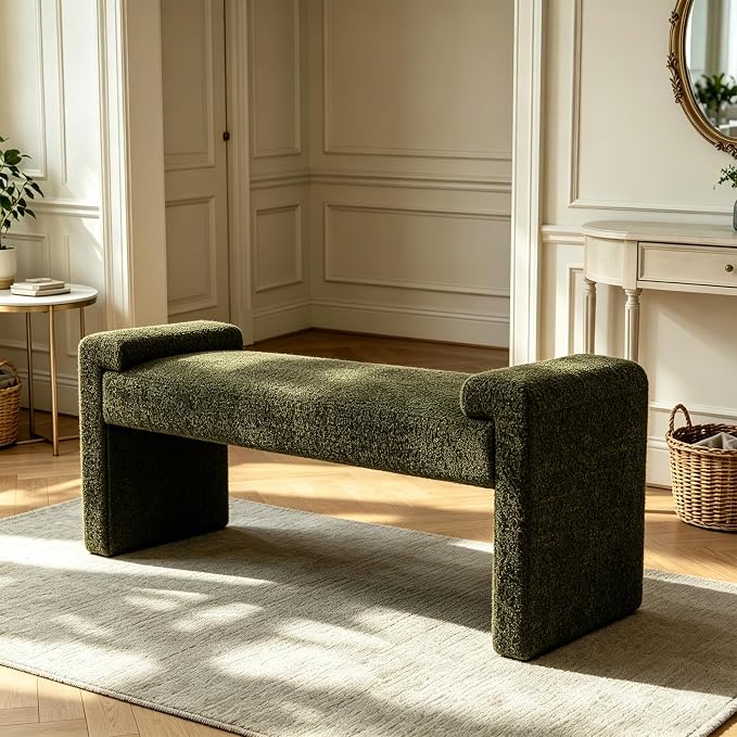 Upholstered Entryway Bench, 58.7" Modern Bedroom Bench, Curved Armrests by CACFTII