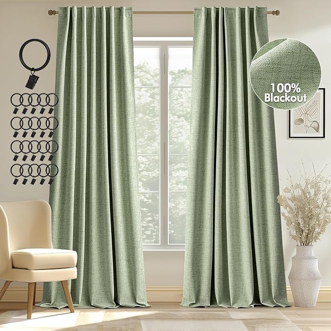 MIULEE 100% Blackout Curtains Linen Curtains & Drapes 96 Inch, Sage Green | 2 by MIULEE