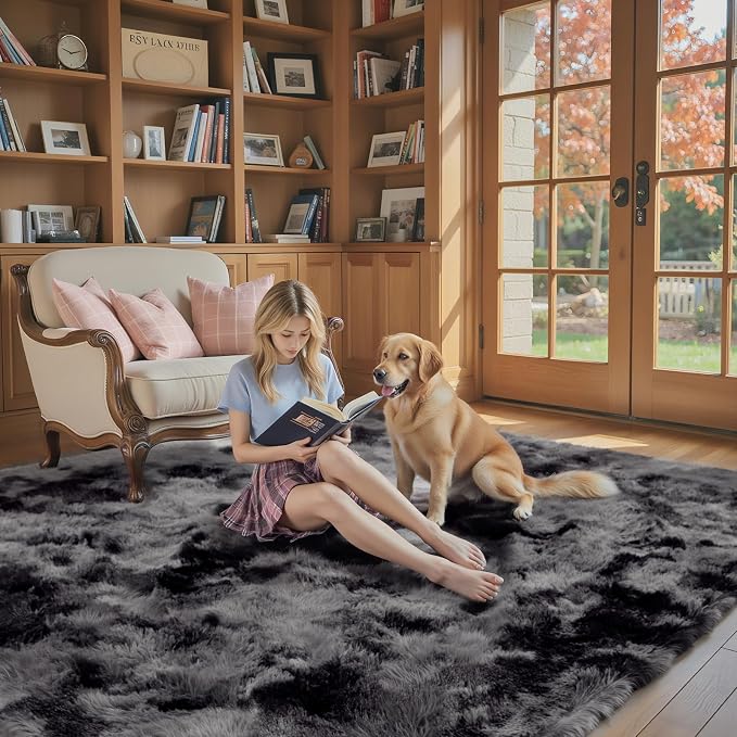 6x9 Shag Area Rug for Living Room, Dark Grey Tie-Dyed Plush Fluffy Carpet | - Image 4