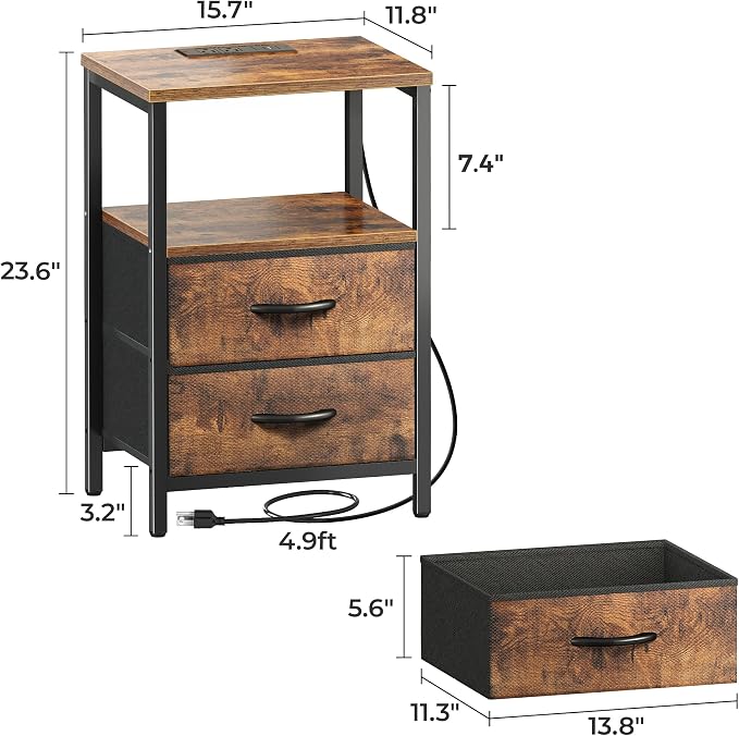 Huuger Nightstand with Charging Station, Side Table with Fabric Drawers | End - Image 3