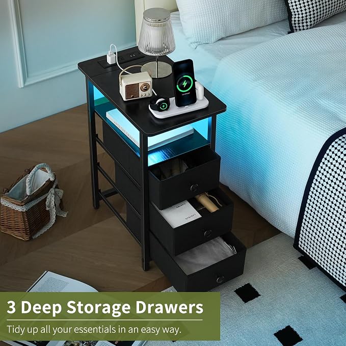 Yoobure End Table with Charging Station, LED Narrow Side Table Bedside Table - Image 6