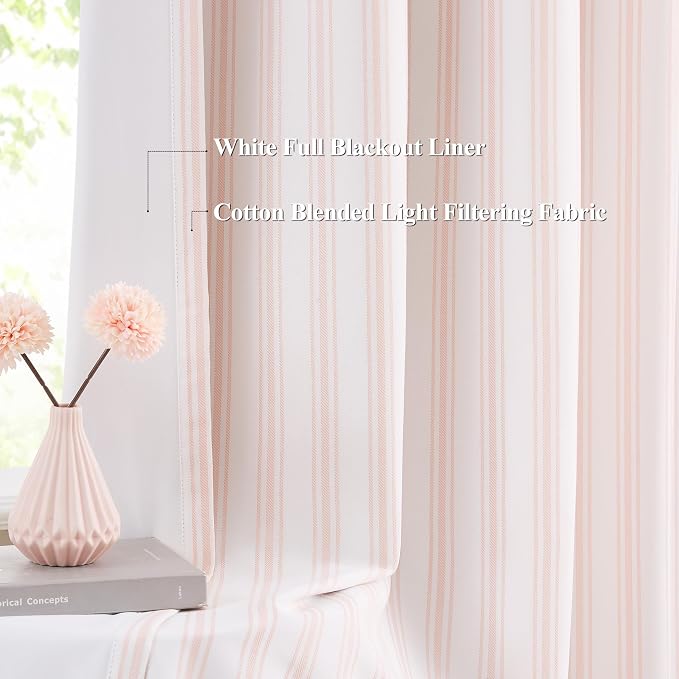 ZJDECOR 95 Inches Long Pink White Stripe Full Blackout Curtain Panels | Cotton - Image 3