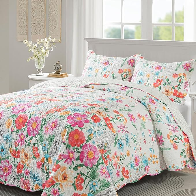 Floral Quilt Queen Quilt Set, Ultra Soft Reversible Queen Quilt Bedding Set - Image 4